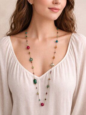 Premier Designs "Paradise Found" 39" Long Beaded Necklace Silver Tone Iridescent